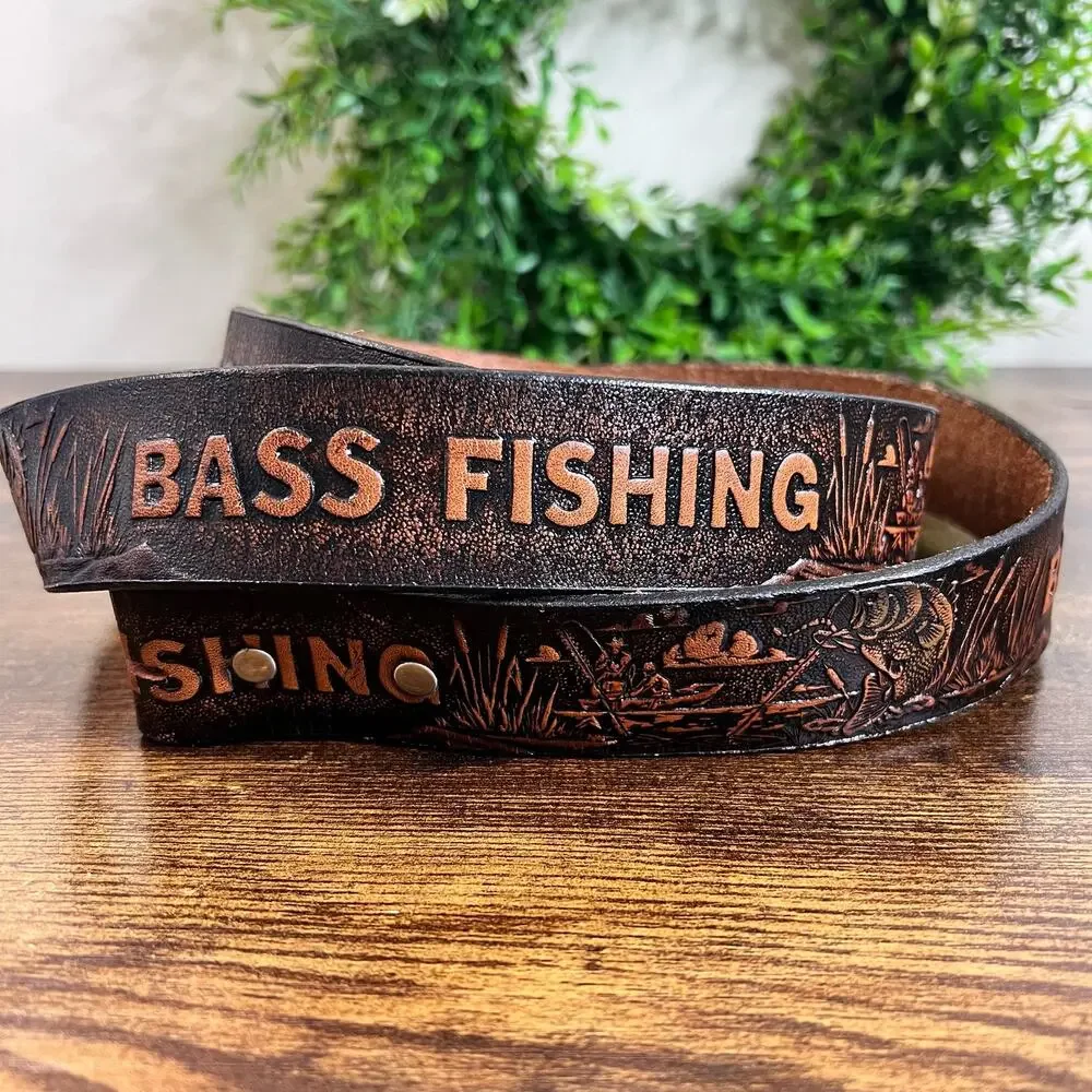 Vintage Bass Fishing Genuine Leather Belt 46